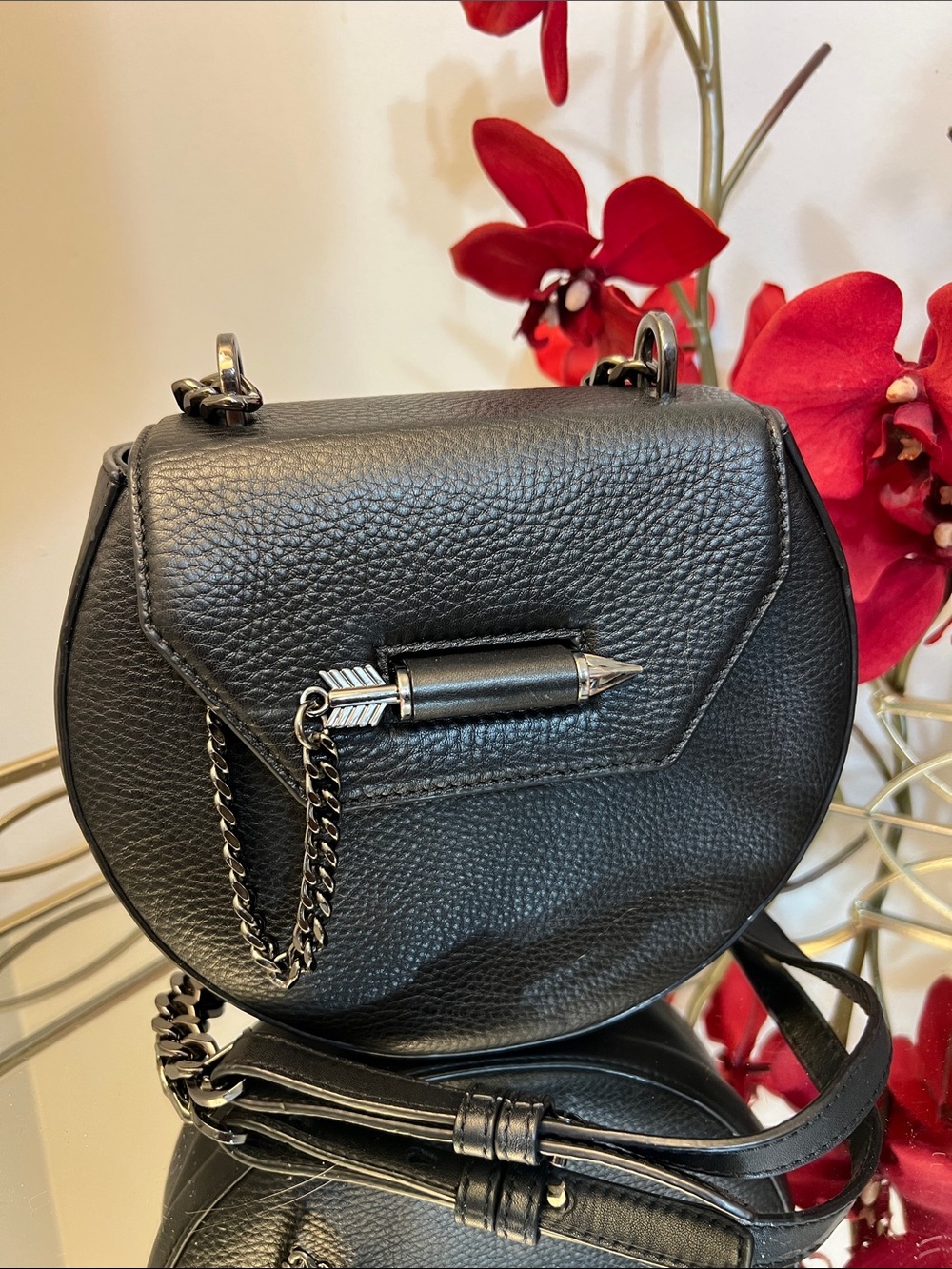 MACKAGE Wilma Round Black Pebbled Leather Arrow Crossbody Saddle Bag